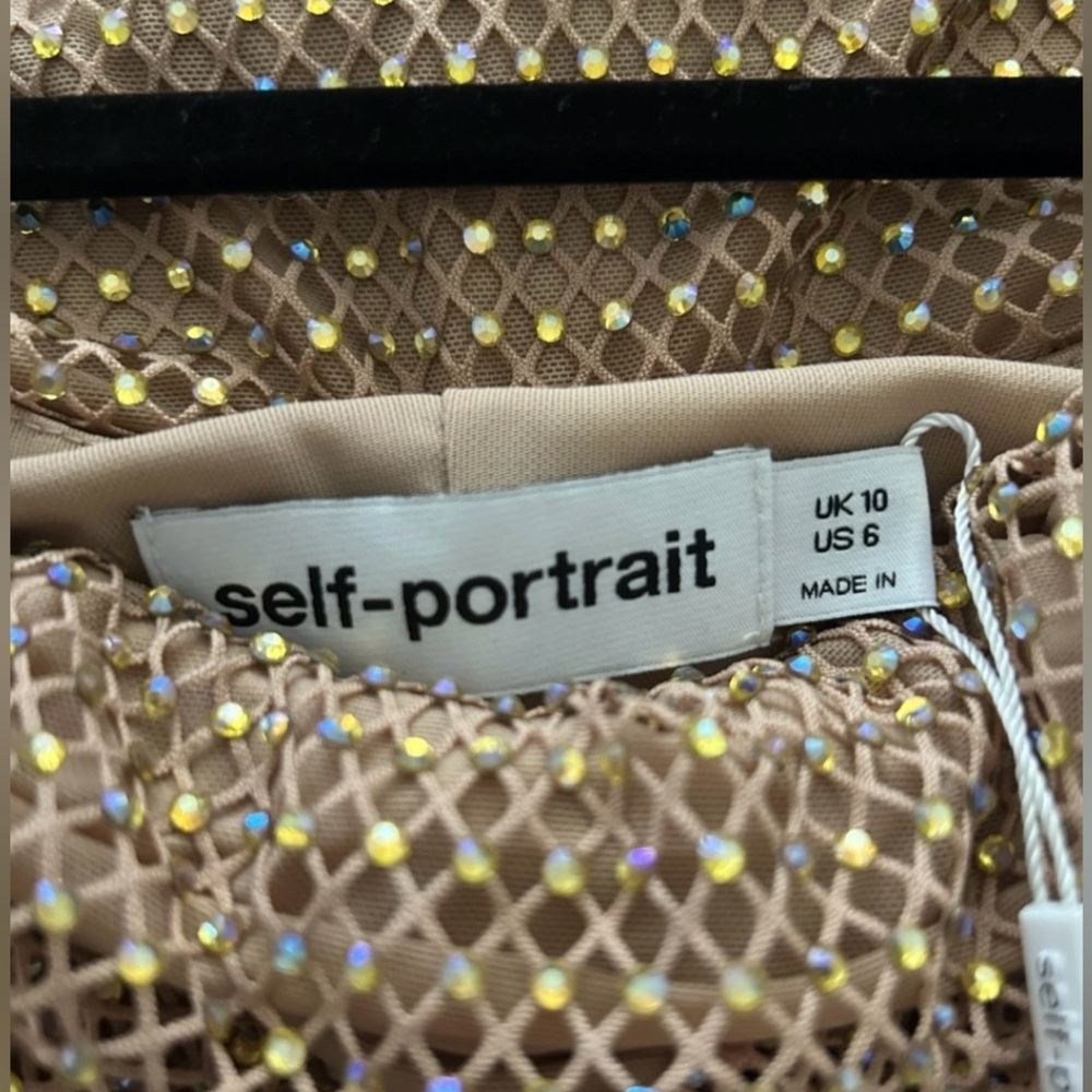 Self Portrait Tan Rhinestone off the shoulder dress